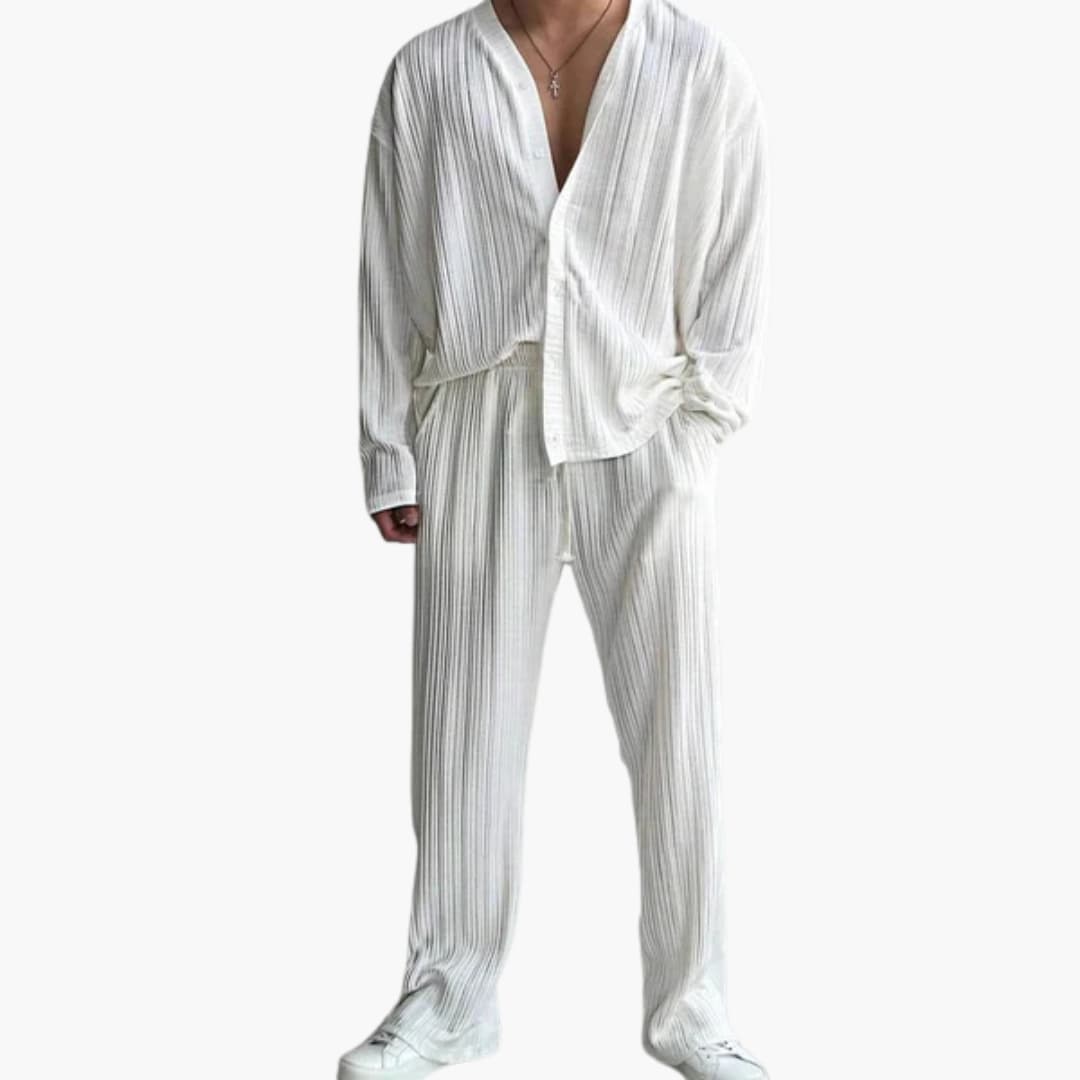 Herren Faltenstruktur Set mit Langarmhemd und Hose