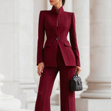 Set aus Blazer mit hohem Kragen und Hose mit weitem Bein für Damen – Burgunder