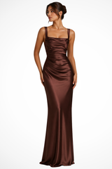 Vivienne | Women Square Neck Ruched Satin Maxi Wedding Guest Dress – Braun