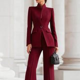 Dames Blazer Broekpak Tweedelig Set – Bordeauxrot