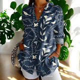 Damen Geblümte Bluse Mit Knopfleiste – Dunkelblau