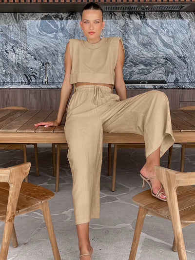 Elena | Zweiteiliges Leinen-Set mit Weitbein-Hose