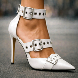Damen Gothic-Stil Nieten Schnallen High Heels – Auffällige Stiletto Schuhe – Weiß