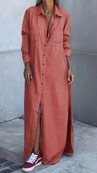 Vallina – Langärmliges Kleid aus Denim Mit Reverskragen