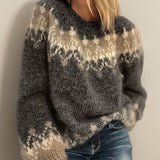 Lara | Eleganter Damen Jacquard-Strickpullover Mit Nordischem Islandmuster – Dunkelgrau