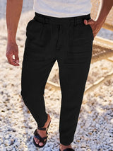 Herren Weit Geschnittene Leinenhose – Freizeit Sommerhose Mit Kordelzug – Schwarz