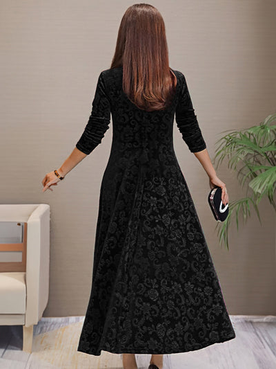 Stilvolles Samtkleid mit Blumenmuster, V-Ausschnitt und langen Ärmeln für Damen | Ideal für den Sommer