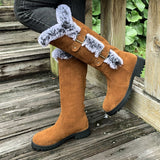 Georgina | Kuschelige kniehohe Kunstwildlederstiefel mit Fellbesatz und Schnallen – Hellbraun