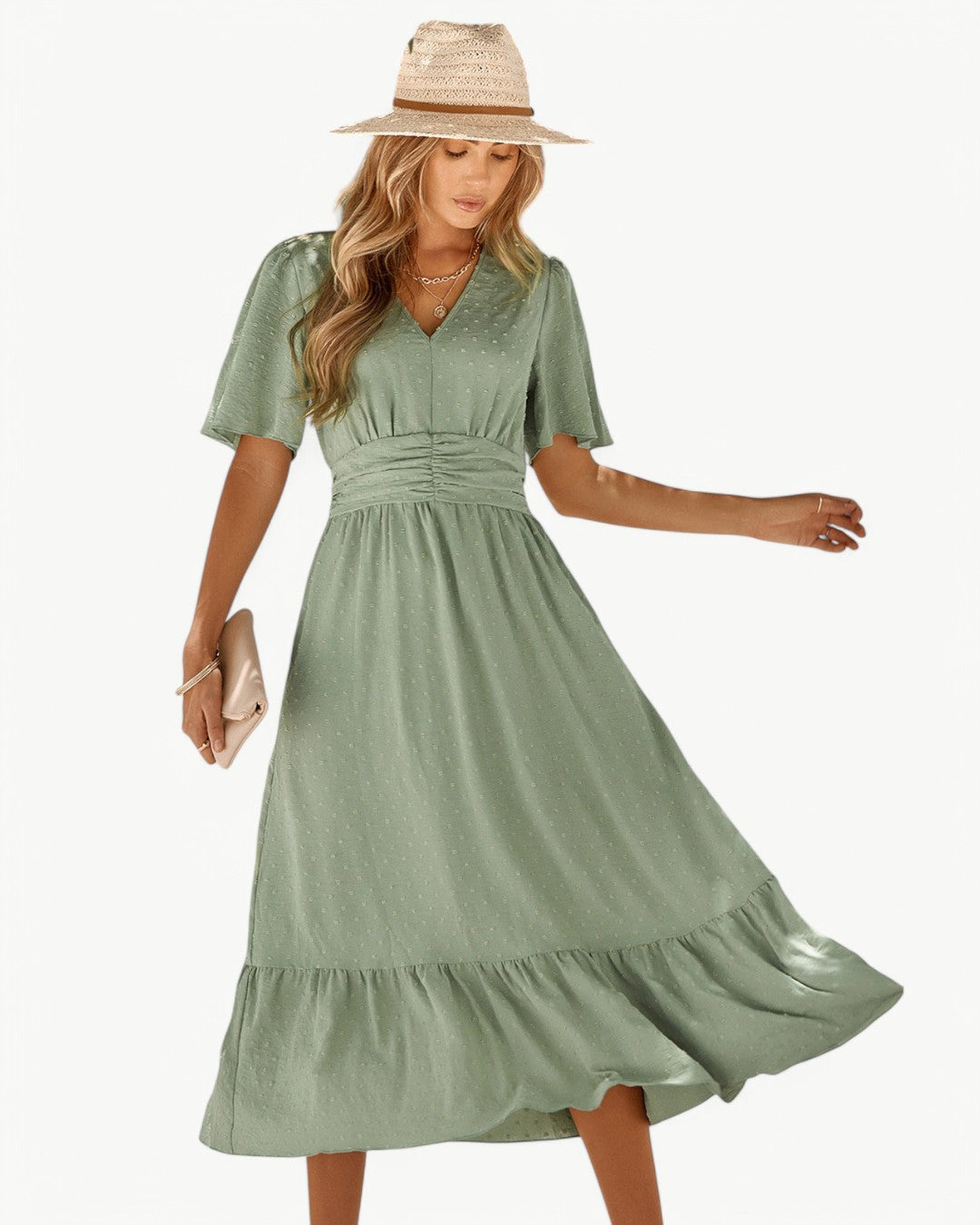 VALE | SAGE™ RENÉE – Calf-Length Dress with V-Neck and Short Sleeves
