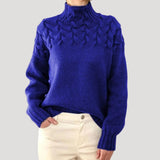 Nicole | Damen Frühlings Strickpullover mit Zopfmuster und hohem Kragen – Blau