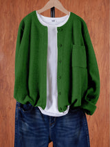 Eugenia | Damen Rundhals-Cardigan mit Knöpfen und Tasche – Dunkelgrün