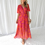 Nora | Anmutiges Flora Midi-Kleid Damen – Rosa – Orange