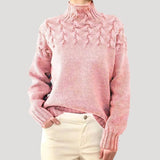 Nicole | Damen Frühlings Strickpullover mit Zopfmuster und hohem Kragen – Hellrosa