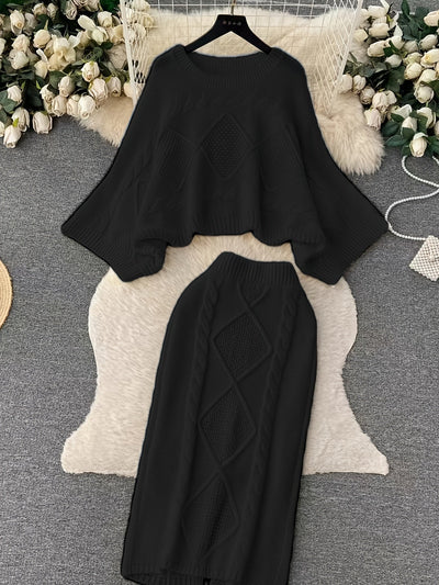 Stilvoller Pullover-Zweiteiler mit hohem Kragen, ausgestellten Ärmeln und Slim-Strickrock für Damen | Ideal für das tägliche Tragen