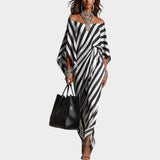 Damen Off-Shoulder Gestreiftes Maxikleid mit Bindegürtel – Schwarz/Weiß