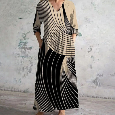 Sally -【Lange Ärmel】Vintage Gestreift Druck Kleid