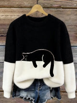 Damen Oversized Pullover mit Farbblockdesign und Katzenmotiv – Schwarz
