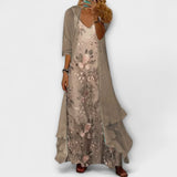 Eva | Damen Blumen V-Ausschnitt Geschichtetes Maxi Kleid – Beige