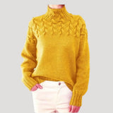 Nicole | Damen Frühlings Strickpullover mit Zopfmuster und hohem Kragen – Gelb