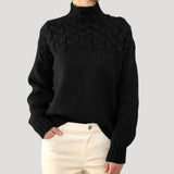 Nicole | Damen Frühlings Strickpullover mit Zopfmuster und hohem Kragen – Schwarz