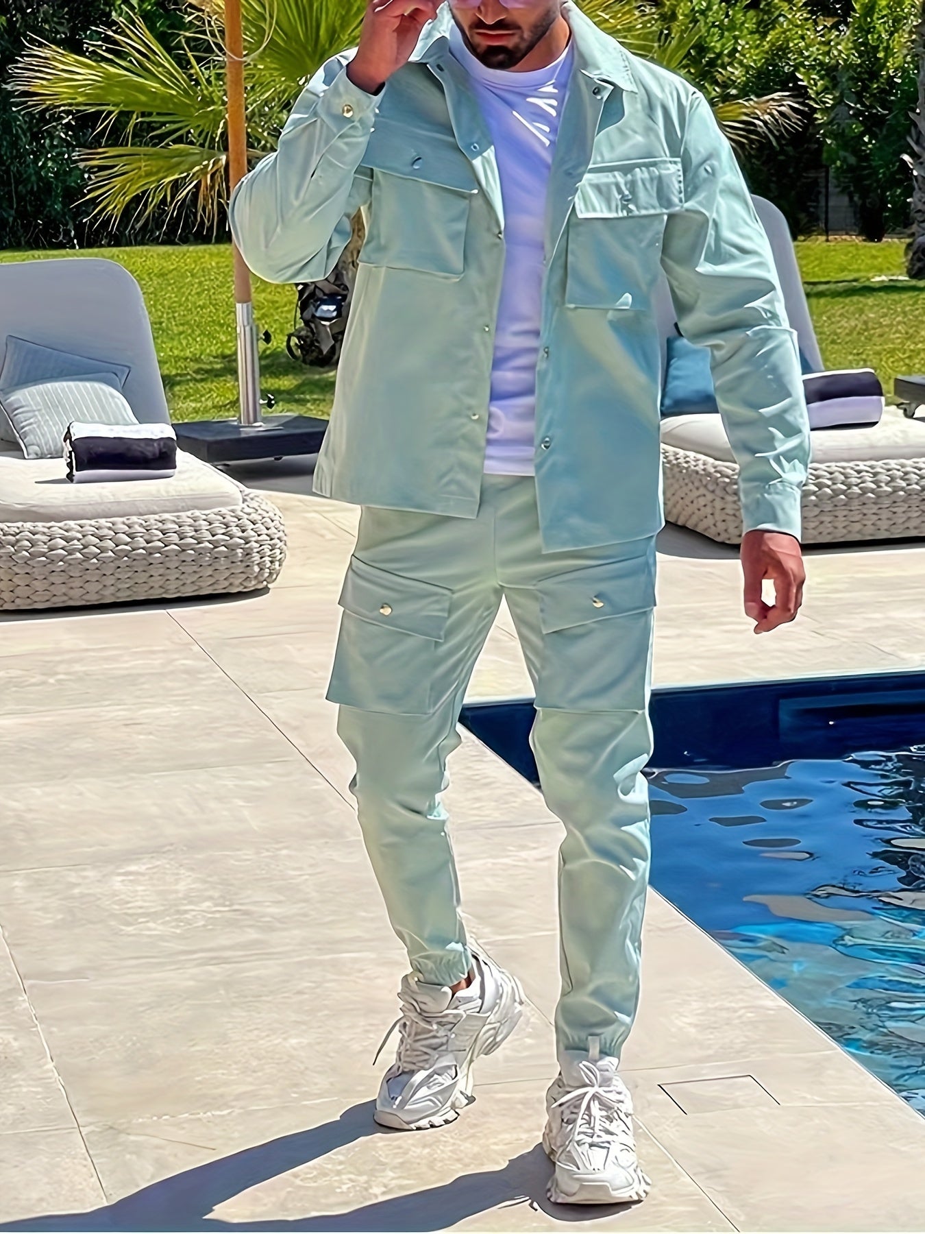 Lässiger Langarm Trainingsanzug mit Reissverschluss, Brusttaschen und Kordelzughose für Herren | Perfekt für Outdoor-Aktivitäten