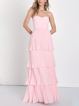 Damen Trägerloses Gerafftes Gestuftes Maxi Anlasskleid – Elegantes Abendkleid – Rosa