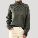 Nicole | Damen Frühlings Strickpullover mit Zopfmuster und hohem Kragen – Grau