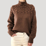 Nicole | Damen Frühlings Strickpullover mit Zopfmuster und hohem Kragen – Braun