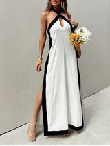 Damen Farbblock Halterneck Maxikleid Mit Seitenschlitz – Elegantes Kleid – Weiß