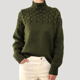 Nicole | Damen Frühlings Strickpullover mit Zopfmuster und hohem Kragen – Dunkelgrün