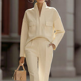 Zweiteiliges Set aus Oversize-Hemd und Hose für Damen – Beige