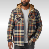 Rowan | Herren Karo-Jacke mit Kapuze, Taschen und Knöpfen – Blau Orange