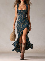 Damen Boho Maxikleid Mit Rüschenärmeln – Sommerkleid Mit Schlitz – Marine blau