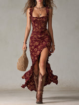 Damen Boho Maxikleid Mit Rüschenärmeln – Sommerkleid Mit Schlitz – Rotwein