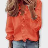 Karla | Damen Rüschen V-Ausschnitt Langarm Bluse – Orange