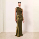 Hanna | Damen Hochzeitsgast Kleid Ein-Schulter Abendkleid – Matcha