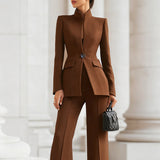 Set aus Blazer mit hohem Kragen und Hose mit weitem Bein für Damen – Braun