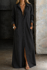 Sylvera - Premium Maxi-Hemdblusenkleid – Schwarz