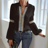 Damen Boho Chiffonbluse – Langarm Leichtes Lässiges Top – Schwarz