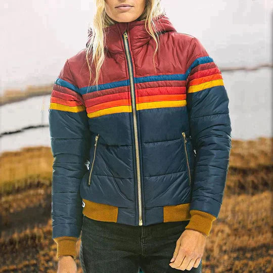 Gestreifte Retro-Pufferjacke für Damen mit Reißverschluss auf der Vorderseite