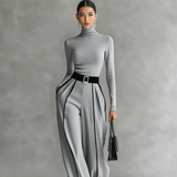 Set aus Damen-Rollkragenpullover und Hose mit weitem Bein – Grau