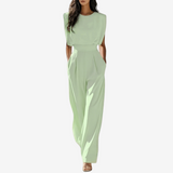Ärmelloser Damen-Jumpsuit mit hohem Kragen und Gürtel – Elegante Abendgarderobe – Hellolivgrün