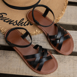 Damen Flache Leder Sandalen Mit Kreuzriemen – Elegante Sommer Komfort Schuhe – Schwarz
