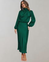 Anna | Damen Elegantes Satin Langarmkleid – Grün