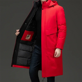 Alexander | Herren Langer Winter Steppmantel mit Kapuze – Rot