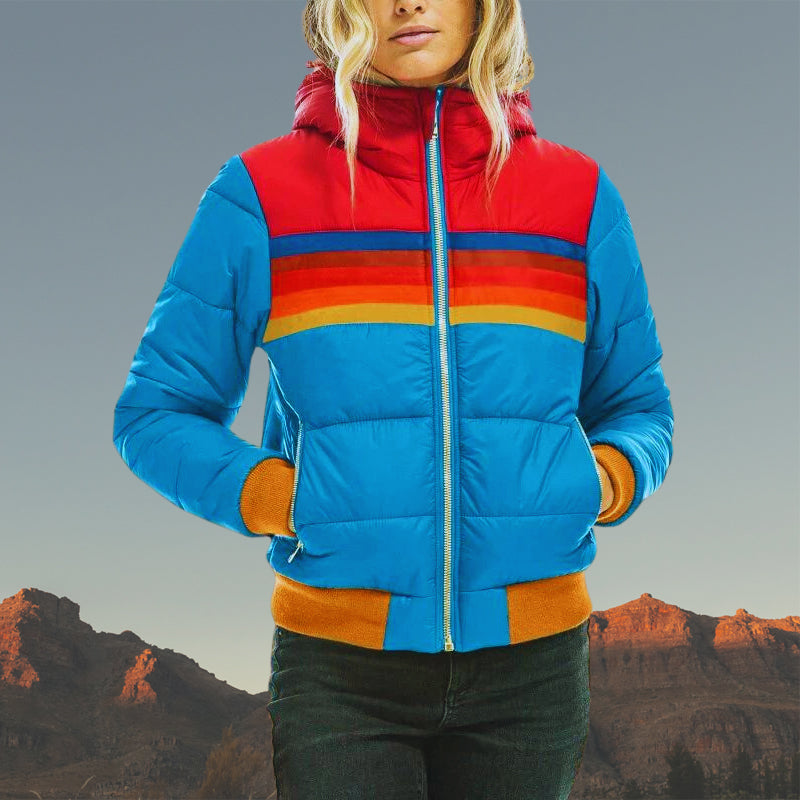 Stylische Gepolsterte Gestreifte Regenjacke mit Kapuze und Wasserdicht für Damen | Ideal für den Winter