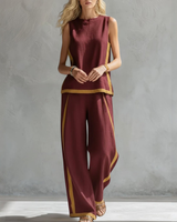 Damen Lockeres Leinen Zweiteiler Set - Ärmelloses Casual Outfit – Burgund
