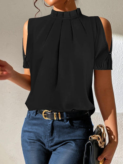 VALE Black Pleated Top with Slit Sleeves