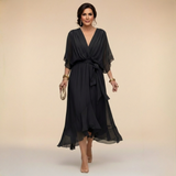 Elegantes, ausgestelltes Chiffon-Midikleid mit V-Ausschnitt und Gürtel für Damen – Perfektes Kleid für Hochzeitsgäste – Schwarz