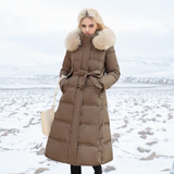 Karin | Damen Schicker Steppmantel mit Gürtel und Kapuze – Kaffee